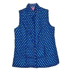 NEW - WOMAN WITHIN Blue and White Polka Dot Full Zip Puffy Vest w Pockets Size M